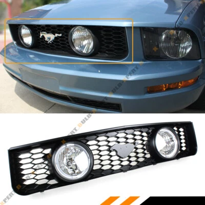 For 05-09 Ford Mustang 4.0L V6 Front Mesh Grill W/ Dual Halo Clear Lens Fog Lamp - Image 1 of 4