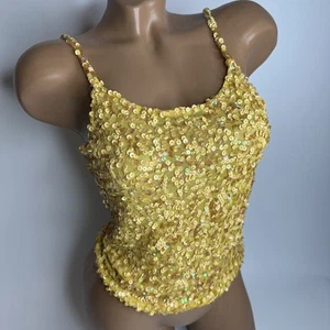 Camiseta sin mangas Y2k amarilla lentejuelas XS brillo transparente hadas rave ropa de club festival glamour - Imagen 1 de 12