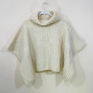 Blarney Woolen Mills 100% Marino Wool Poncho Ivory Cable Knit Ireland HOLE! - Picture 1 of 6