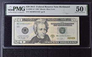 2013 $20 Federal Reserve Note Richmond Dollar Bill - Fr#2097-E* - PMG Graded 50 - Picture 1 of 2