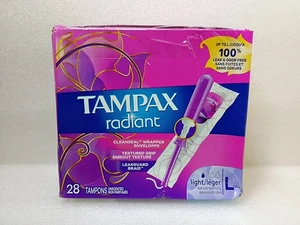 Tampax ~Radiant ~LIGHT ~28ct ~Individually Sealed Tampons ~New/Tape Repaired Box - Picture 1 of 4
