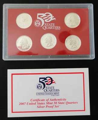 2007 United States Mint 50 State Quarters Silver Proof Set 5 Coins + Box /COA - Image 1 of 4