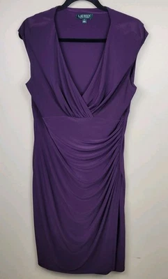 Lauren Ralph Lauren Dress Womens 14 Purple Sleeveless Ruched V Neck Midi Stretch - Image 1 of 4