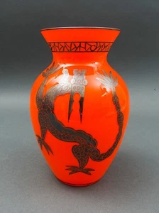 Tschechisch Böhmisch Art Deco Silber Überfang Orange Tango Kunst Glas Drache Vase 8 1/4" - Bild 1 von 9