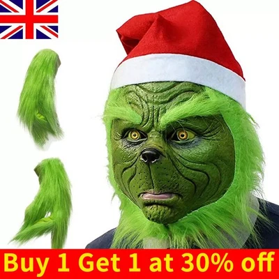 3PCS Adult Costume The Grinch Mens Christmas Santa Xmas Cosplay Fancy Outfit Set