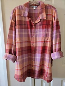 Old Navy M Peach Lilac Orange Purple Plaid Cotton Flannel Boyfriend Shirt Swifty - Picture 1 of 8