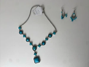 Stauer Faux Turquoise Southwest Jewelry 25" Necklace & Earrings Sterling Silver - Picture 1 of 8