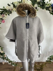 JOULES Womens Cape Coat Reversible Everly Size M Grey Check Fur Hood NEW OM06 - Picture 1 of 24