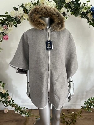 JOULES Womens Cape Coat Reversible Everly Size M Grey Check Fur Hood NEW OM06 - Image 1 of 4