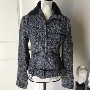 Zara Womens Wool Blend Black & White Belted Bomber Jacket Size 6 - Picture 1 of 4