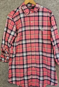 LAUREN Ralph Lauren Shirt Monogram RL Pink multi plaid women's M Tunic Roll Tab - Picture 1 of 10