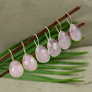 Natural Pink Rose Quartz Gemstone Dangle Earring Solid 925 Silver Jewelry - Picture 1 of 14