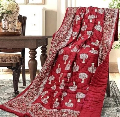 Indian Handmade Quilt HandBlock Gold Printed Cotton Quilt,Queen Size[90X105]Inch - Image 1 of 4