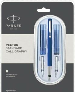  Parker Vector Standard Blue Calligraphy Fountain Pen Set,3 NIBS & 4 CARTRIDGES
