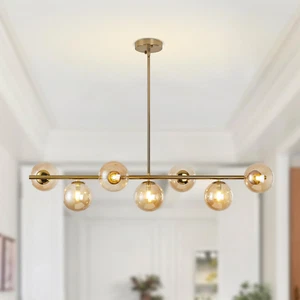 Modern Brass Linear Chandelier 7 Lights Gold and Amber Glass Globe Pendant Light - Picture 1 of 7