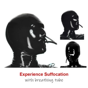 Latex Hood w/ Breathing Tube Rubber Mask for experience suffocation Fetish BDSM - Picture 1 of 9