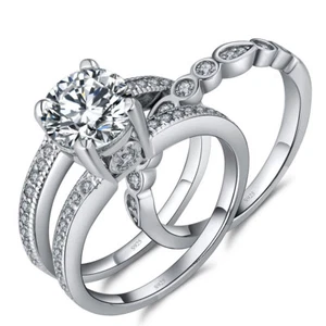 Juego de anillos de boda de circonio cúbico de plata esterlina de 2,18 quilates para mujer - Imagen 1 de 7
