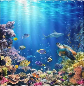 Unter dem Meer Duschvorhang für Badezimmer Unterwasser Ozean Fische Tropische Schildkröte... - Bild 1 von 2