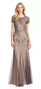 Adrianna Papell Lead/Nude Short Sleeve Art Deco Beaded Godet Gown 14 $349 - Picture 1 of 4