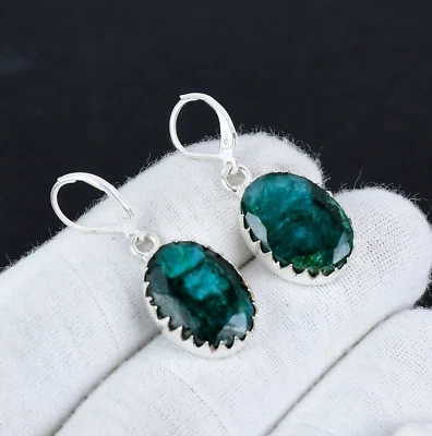 Smeraldo Creato IN Laboratorio Gemma Fatto a Mano 925 Argento Sterling Orecchino - Immagine 1 di 4