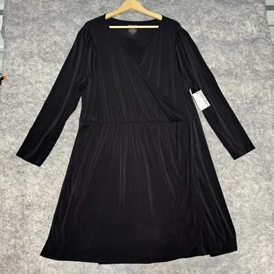 Nine West Dress Womens 2X Black VNeck Faux Wrap Long Sleeve Goth Witchy Plus NEW - Image 1 of 4