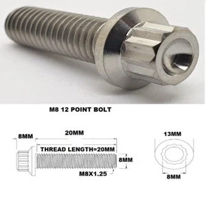 1X 12PT TITANIUM BOLT 12 POINT M8 X 20MM M8X20MM LONG GRADE 5 6AL-4V 12 PT - Picture 1 of 2