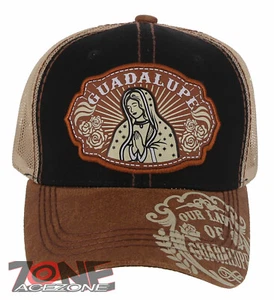 NEW! OUR LADY OF GUADALUPE CATHOLIC MEXICAN TRUCKER BASEBALL CAP HAT BLACK TAN - Picture 1 of 4