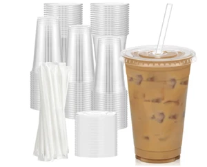 100 Pack - 20 oz Clear Plastic Cups with Lids and Straws, Sturdy & Food Safe ... - Picture 1 of 7
