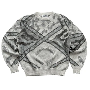 Vintage 80s Expressions Abstract Geometric Knit Sweater Gray White Grandpa USA - Picture 1 of 8