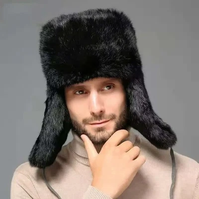  Sombrero de piel de conejo genuino real de invierno para hombre Rusia trampero oreja gorra de esquí Ushanka Foto 1 de 4