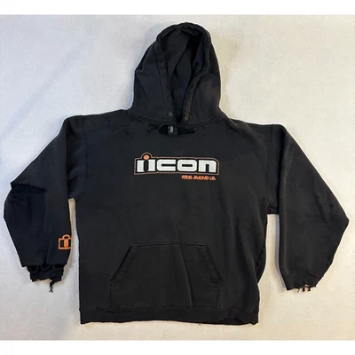 Moletom com capuz vintage Icon Motorsports feito nos EUA masculino L Thrashed grunge desgastado - Imagem 1 de 4