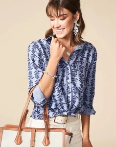 Spartina 449 Callie Shirt 100% Linen Blue Floral Women's Small Coastal Vacation - Picture 1 of 9