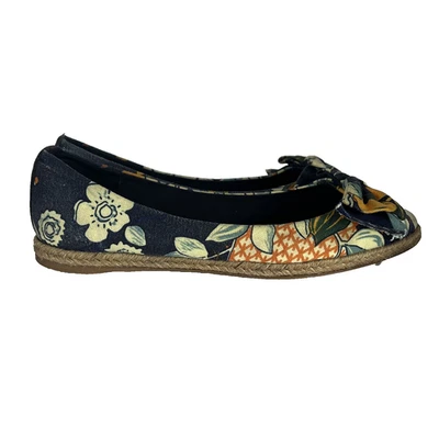 Tory Burch 平底鞋女式 10 Tasmin 海军蓝黄色帆布花卉蝴蝶结帆布鞋 — 第 1/4 张图片