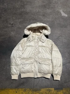 Abercrombie & Fitch Puffer Down Jacket Womens Medium Beige Hooded Faux Fur - Picture 1 of 13