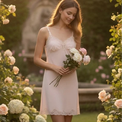 Винтажный Shadowline нейлона розовый кружева отделки скольжения платье кокетка Лолита романтический 32 - Изображение 1 из 4