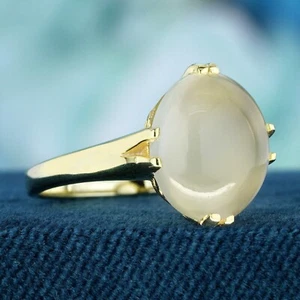 9K Yellow Gold Natural Moonstone Split Shank Solitaire Ring - Picture 1 of 8