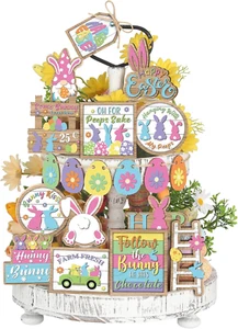 19 Pcs Easter Bunny Tiered Tray Decor Spring Easter Egg Wooden Centerpiece Signs - Picture 1 of 12