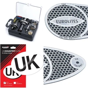Travel Car Bulb & Fuse Kit & UK Sticker & Eurolites Beam Benders & Triangle - Picture 1 of 5