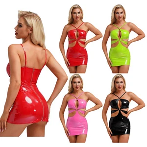 Womens Skirts Role Play Dress Bodycon Nightwear Mini PU Sleepwear Halter Club - Picture 1 of 59