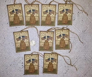 9~Primitive~4th Of July~Patriotic~Beehive~Linen Cardstock~Gift~Hang~Tags~Ornies - Picture 1 of 1