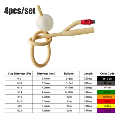 4pcs 8-22FR 2 Way Latex Urinay Catheter Urology w/Valve Urethral Catheter - Image 1 of 4