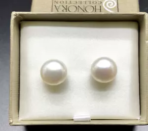 Honora STERLING SILVER LARGE 12MM WHITE PEARL STUD EARRINGS NEW IN BOX - Picture 1 of 5