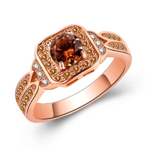 Halo Square Champagne CZ Rose Gold Plated Women Fashion Jewelry Ring 1044 - Picture 1 of 3