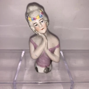 Vintage Half Doll for Pin Cushion Porcelain Pink Lady w Floral Head Garland 6087 - Picture 1 of 9