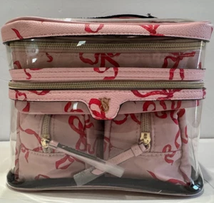 Victoria's Secret 4 Piece Makeup Cosmetic Bag Pink & Red Bow 4-In-1 Train Case - Picture 1 of 6
