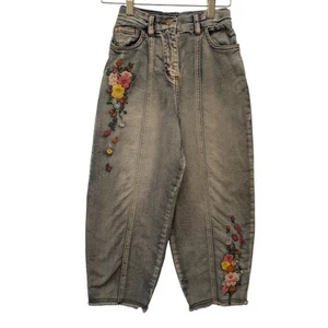 Monnalisa Embroidered Floral Stretch Balloon Jeans Blue Girls Oversized Raw Hem - Picture 1 of 10