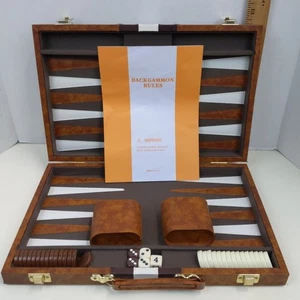 Vintage Brown Leatherette Backgammon Set Complete with Case Dice Cups Checkers  - Picture 1 of 7