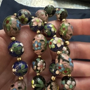 VTG  14k Yellow Gold CHINESE CLOISONNE ENAMEL GOLD FLOWER BEAD BEADED NECKLACE - Picture 1 of 7