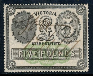 1871 Victoria, Australia fiscal, revenue stamp £5 BF16A, used CV 465. - Picture 1 of 4