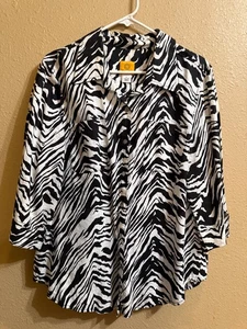 RUBY RD BUTTON UP LINEN TUNIC SHIRT SZ LARGE BLACK WHITE 3/4 SLEEVES - Picture 1 of 4